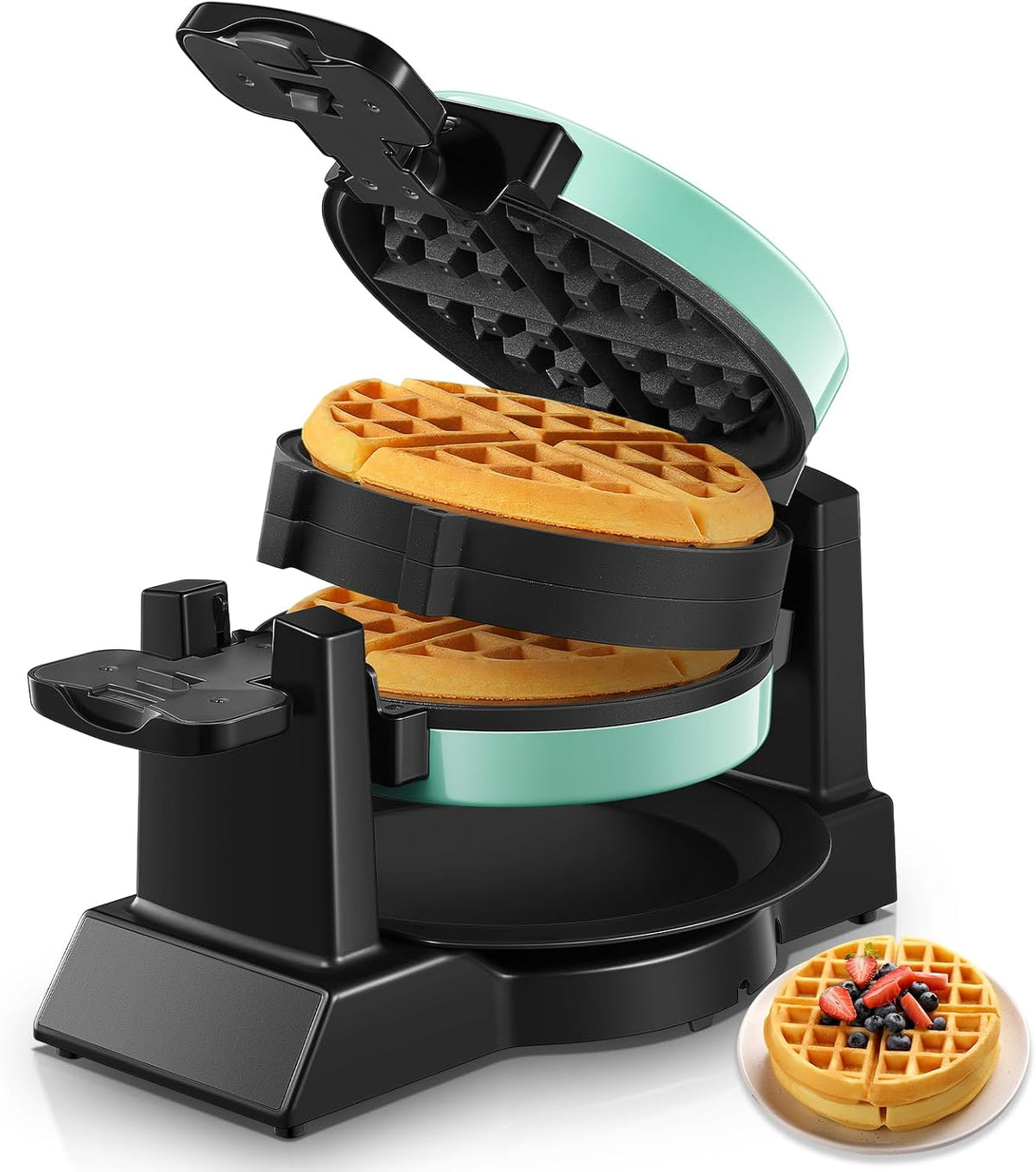Wafflera Doble Belga Giratoria 1400W — Giro 180°, 8 Porciones en 3 Minutos, Placas Antiadherentes, Azul Menta