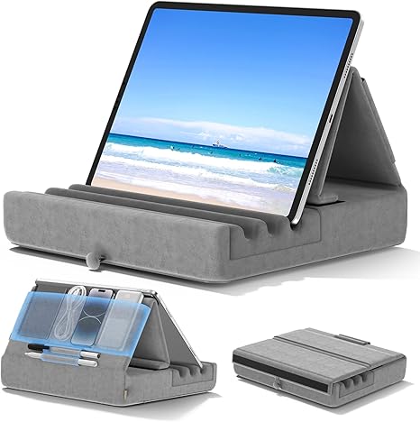 KDD Soporte de almohada para tableta, soporte plegable para iPad para regazo, cama y escritorio, base suave para tablet con bolsillo y soporte para lápiz capacitivo compatible con iPad Pro 12.9, 10.5