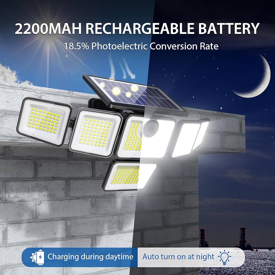 Reflectores Solares SZPOWER 6 Cabezas 6000LM — 2 Pack, 401 LEDs, 360°, Sensor de Movimiento, IP65, Control Remoto