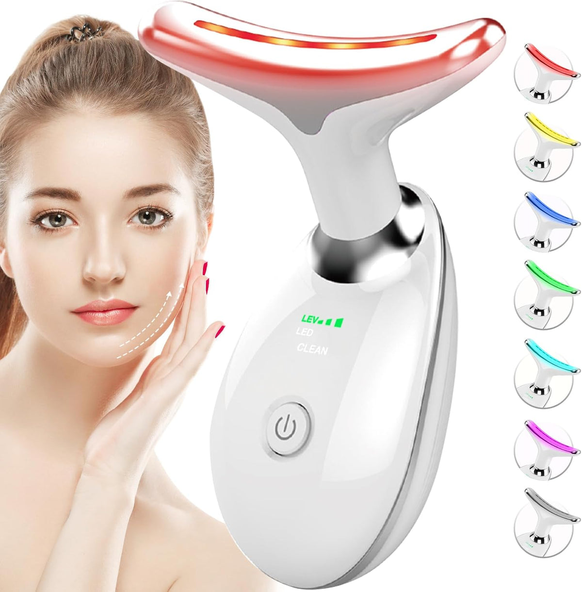 Terapia de luz roja SDKWDH para rostro y cuello, masajeador facial de 7 colores para arrugas y papada, masajeador facial vibratorio con calor para el cuidado de la piel, regalos para mujeres y hombres, blanco brillante