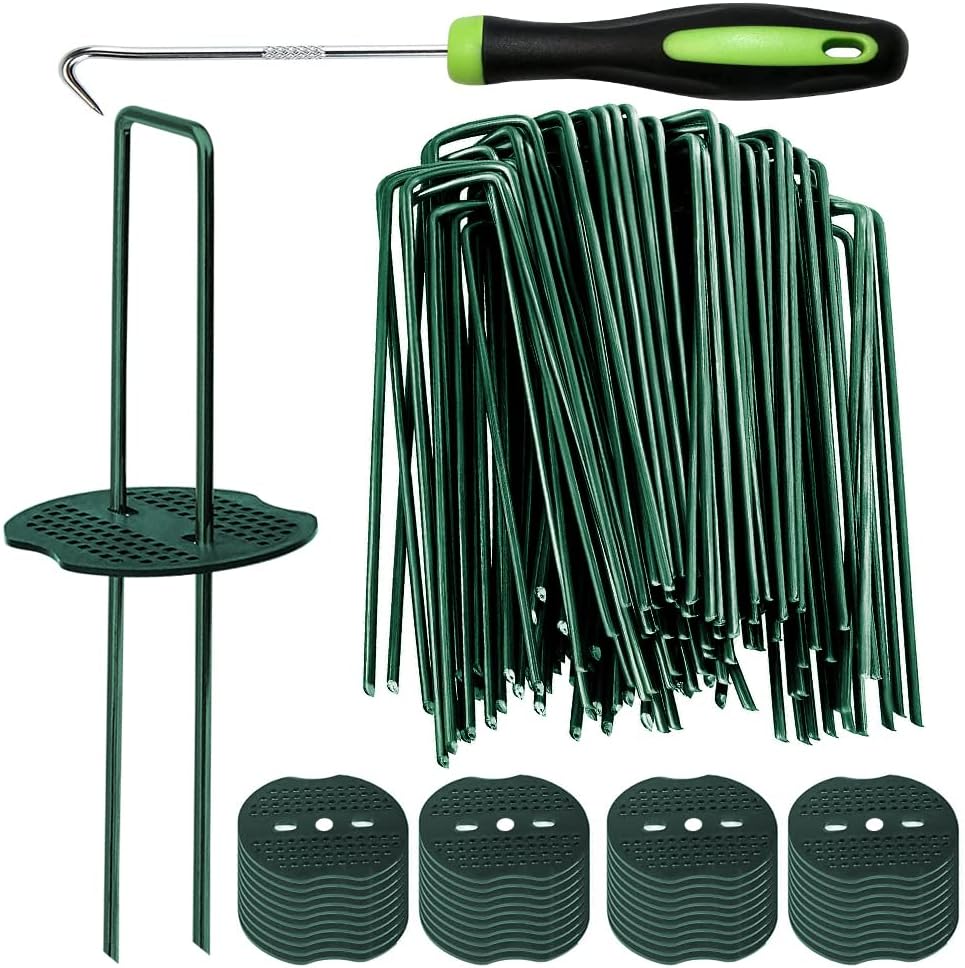Bakulyor 50 estacas verdes para césped artificial + 50 arandelas amortiguadoras, grapas para paisajismo de 15 cm (6 pulgadas) y calibre 11, estacas galvanizadas para césped, estacas resistentes para suelo de jardín para barrera contra malezas y césped.