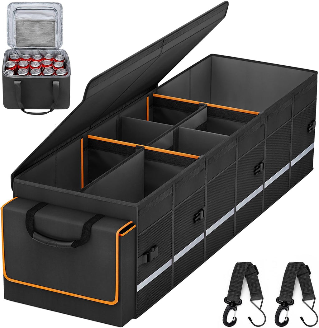 Organizador y almacenamiento para maletero de coche con tapa y bolsa térmica extraíble a prueba de fugas, accesorios para coche con 6 divisores extraíbles para un espacio personalizado, organizadores de maletero grandes plegables para SUV Sendan con funda