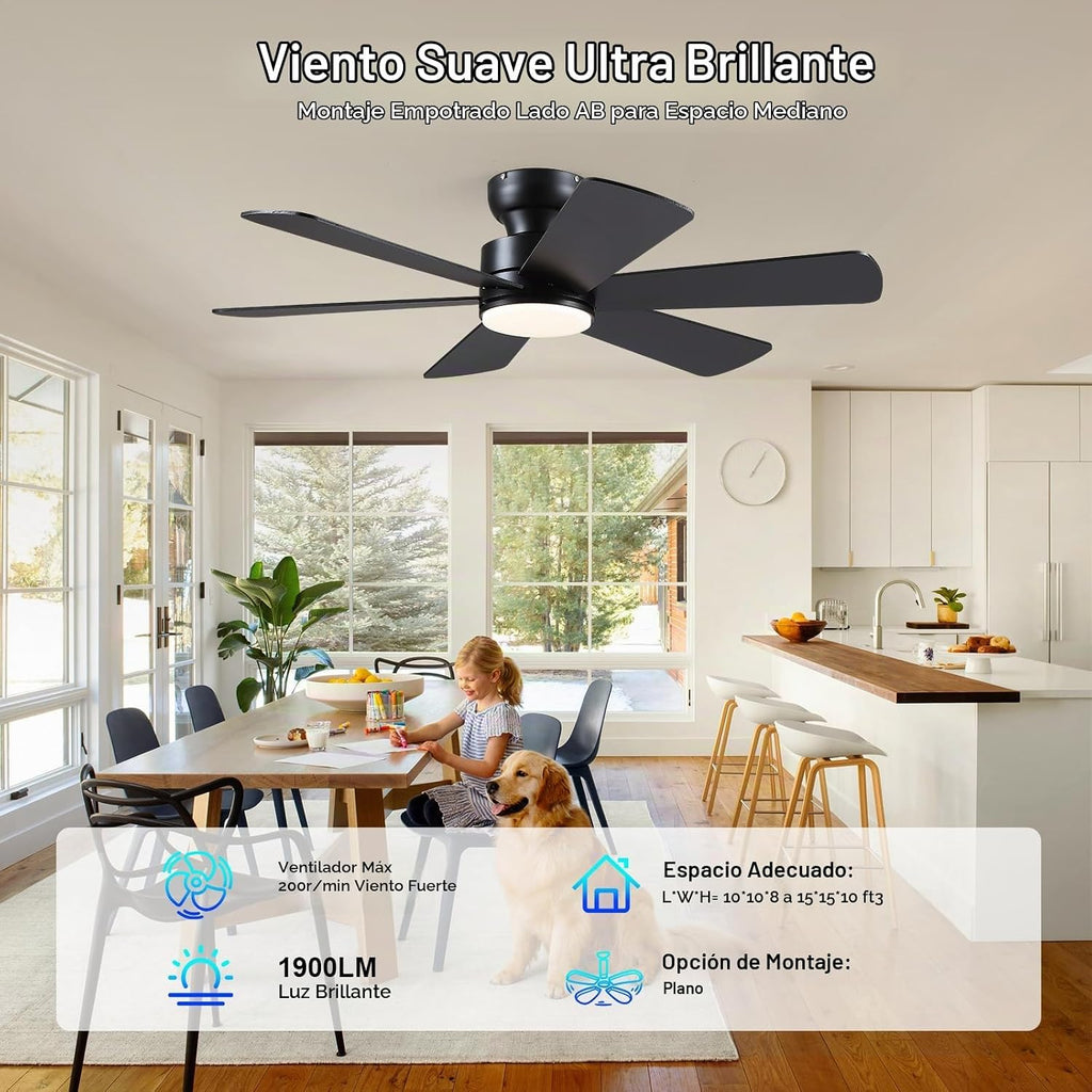 USADO-BayDay Ventiladores de techo de 46 pulgadas con luces, ventilador de techo negro con aplicación remota, 6 aspas modernas/rústicas de doble cara, reversible, 3CCT, ventilador de techo de perfil bajo de montaje empotrado con luces, dormitorio, cocina
