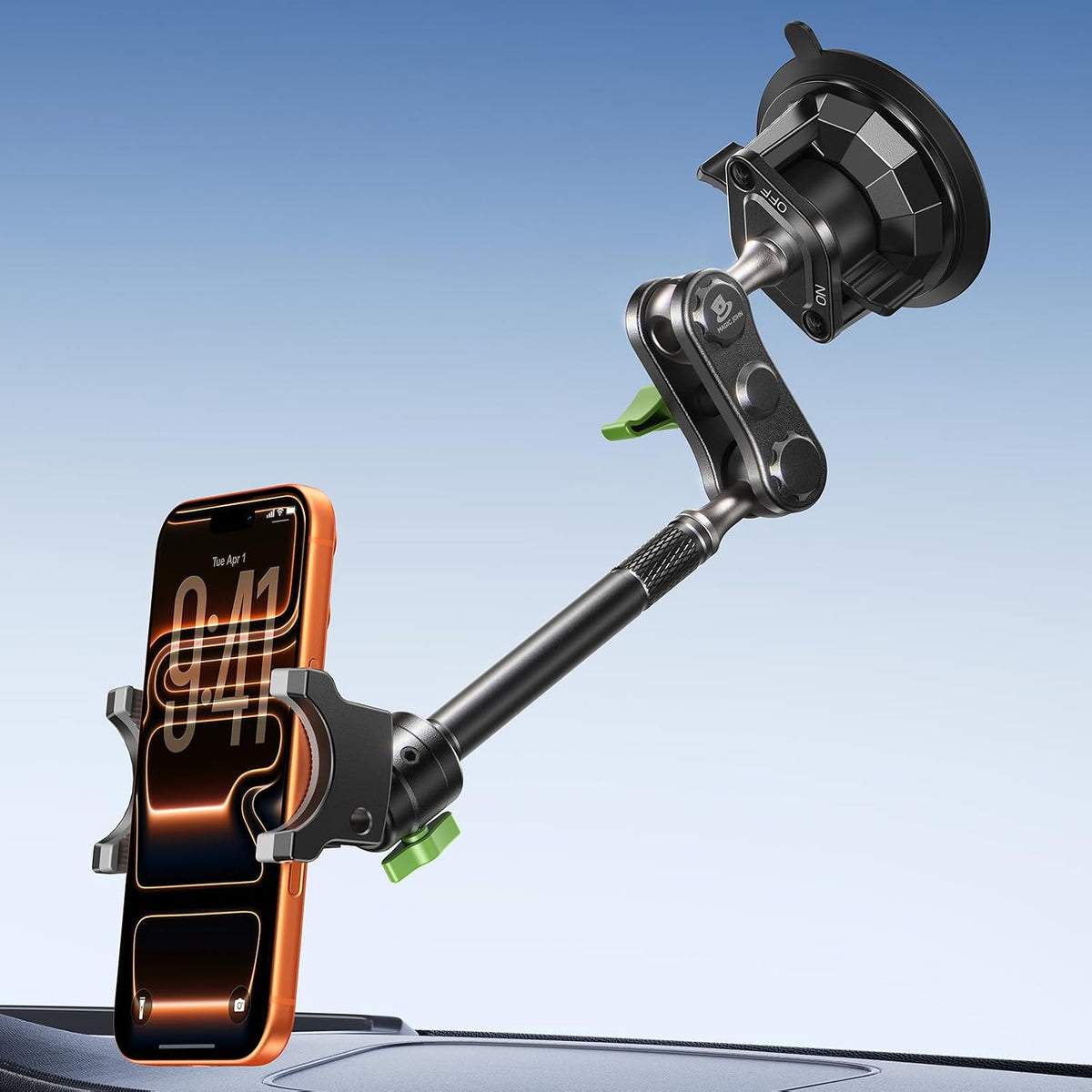 Soporte para teléfono de coche MAGIC JOHN, soportes metálicos ultrarresistentes para tu coche, soporte para teléfono móvil con rotación de 360° para parabrisas, soporte con ventosa para iPhone, Samsung y todos los smartphones.