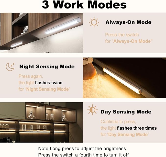 Luces LED para Gabinete con Sensor de Movimiento – Paquete de 6 | Recargables, Magnéticas, 2 Colores, 20 cm | Sin Cables de Carga Type-C