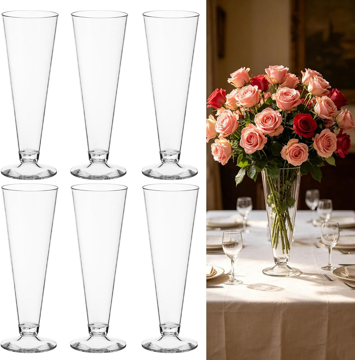 6 jarrones trompeta a granel, jarrón de flores de 23 cm de alto decorativo para centros de mesa, recuerdos de bodas y fiestas, jarrones de plástico transparente en forma de V, contenedor para decoración de mesas de bodas, fiestas y hogar.