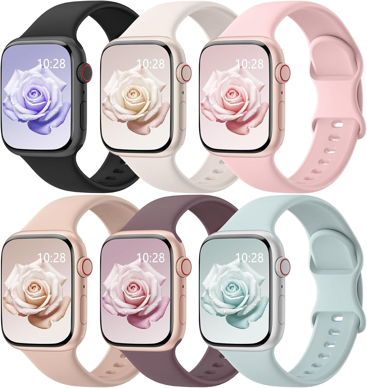Pack 6 Correas de Silicona para Apple Watch 38/40/41/42/44/45/46/49mm — Hombre y Mujer, Series 1-11 Ultra SE