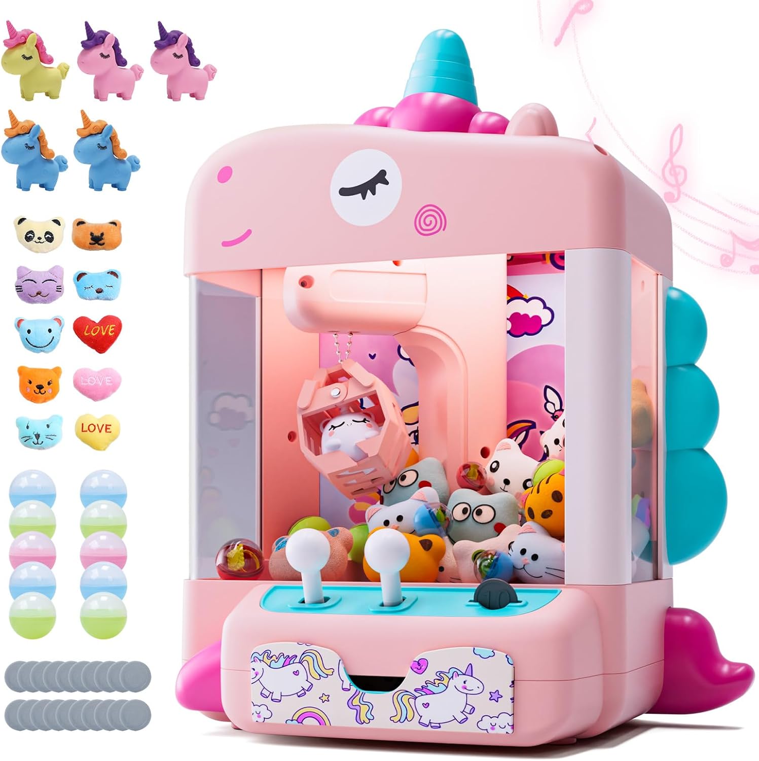 Máquina expendedora de garras de unicornio Skirfy, minimáquina expendedora con luces y música, sonido ajustable, dispensador de dulces y premios electrónicos, incluye 45 juguetes, dulces y regalo de cumpleaños para niñas. 