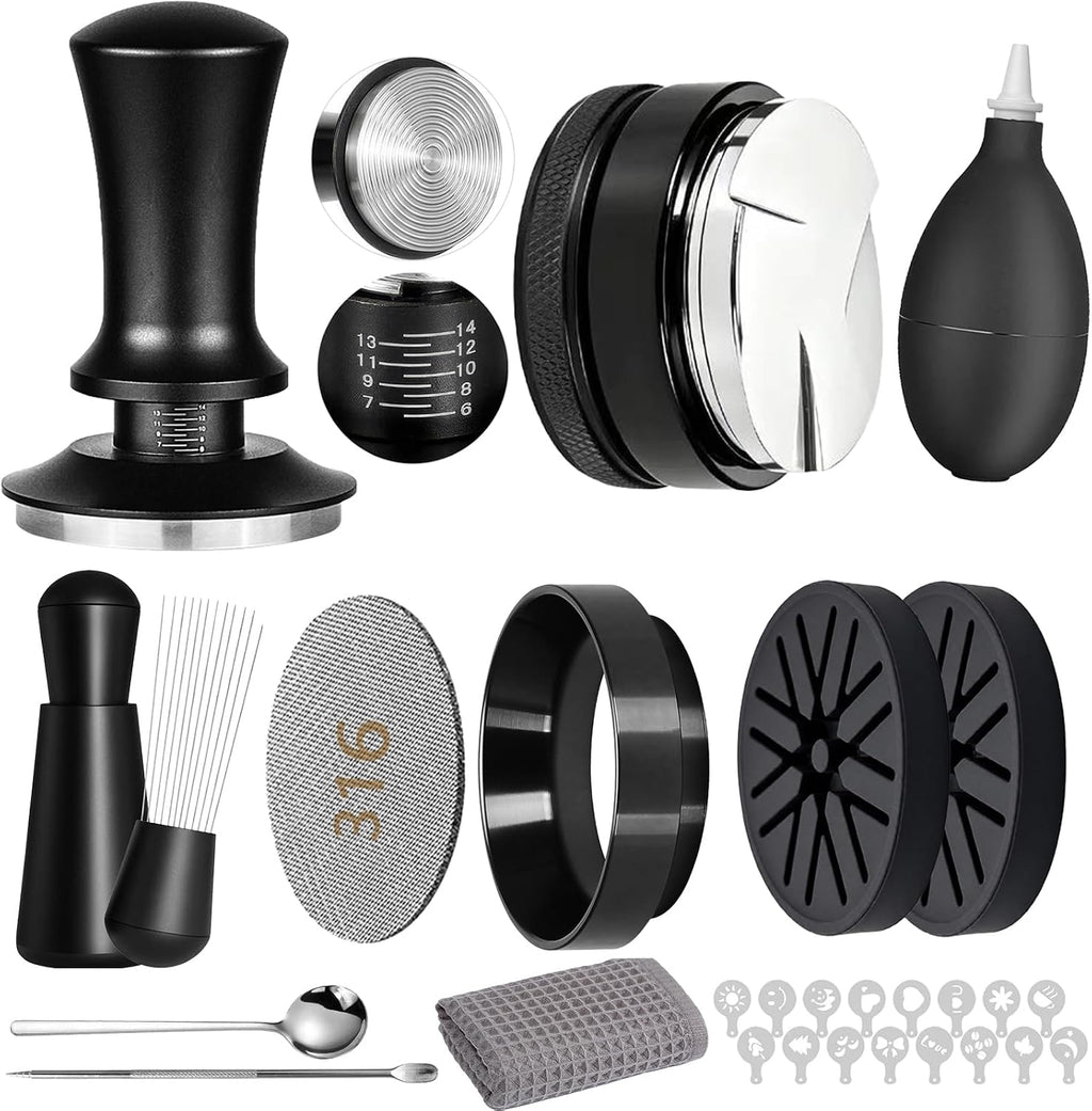 Kit de accesorios para espresso de 12 piezas: prensador de café de 54 mm, distribuidor de café, filtro para discos de café, embudo dosificador, herramienta WDT, soplador de aire de silicona, tapetes, kit de latte art