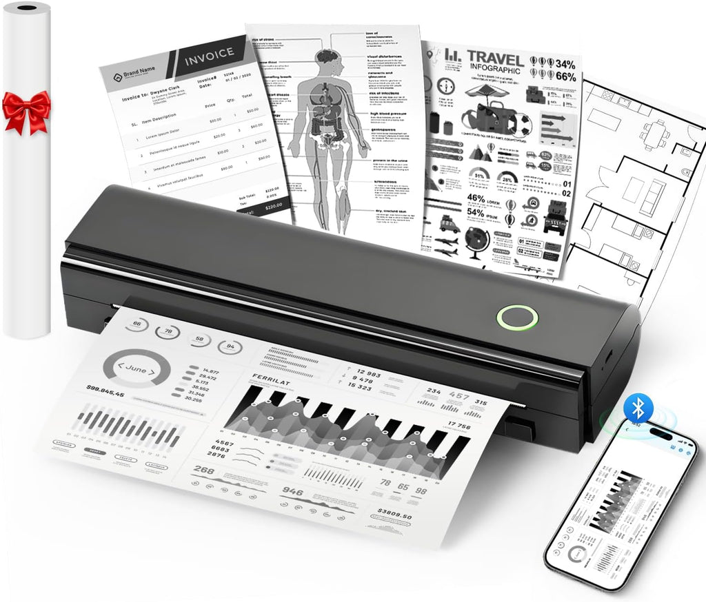 NDYIN Impresora Portatil Inalambrica para Viaje N80 | Termica Bluetooth sin Tinta | Soporta Carta 8.5x11 y A4 | Compatible iOS Android y Laptop