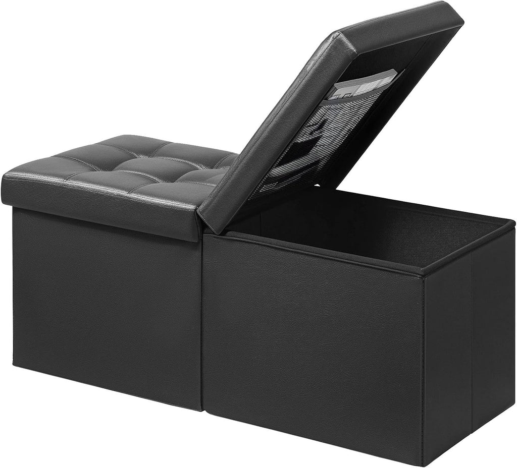 Banco otomano reposapiés AmasSmile con almacenamiento, taburete de cuero negro de 86 cm, mesa de centro, asiento acolchado, baúl de almacenamiento, caja para mantas con tapa abatible para sala de estar y dormitorio.