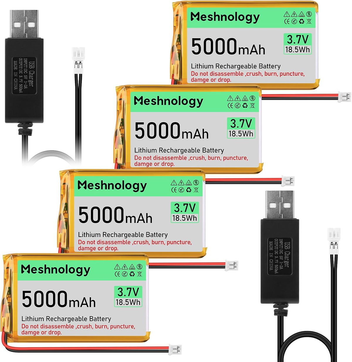 Meshnology 4 baterías de litio de 3,7 V y 5000 mAh 105080 con cable cargador USB PH 2.0, batería LiPo 1S con placa de protección y cinta aislante de goma para placa de módulo Arduino ESP32, dron y coche RC