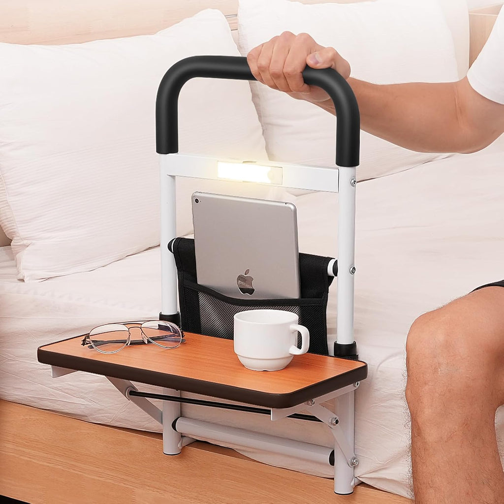 Barandillas de cama ONLYCARE para la seguridad de adultos mayores con luz con sensor de movimiento, barandilla de asistencia de cama ajustable en altura con bolsa de almacenamiento y escritorio