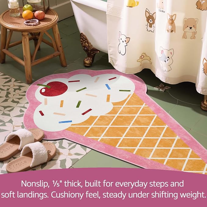 Jinchan - Linda alfombra divertida con forma de helado, alfombra lavable para sala de juegos, cono fresco, alfombra suave