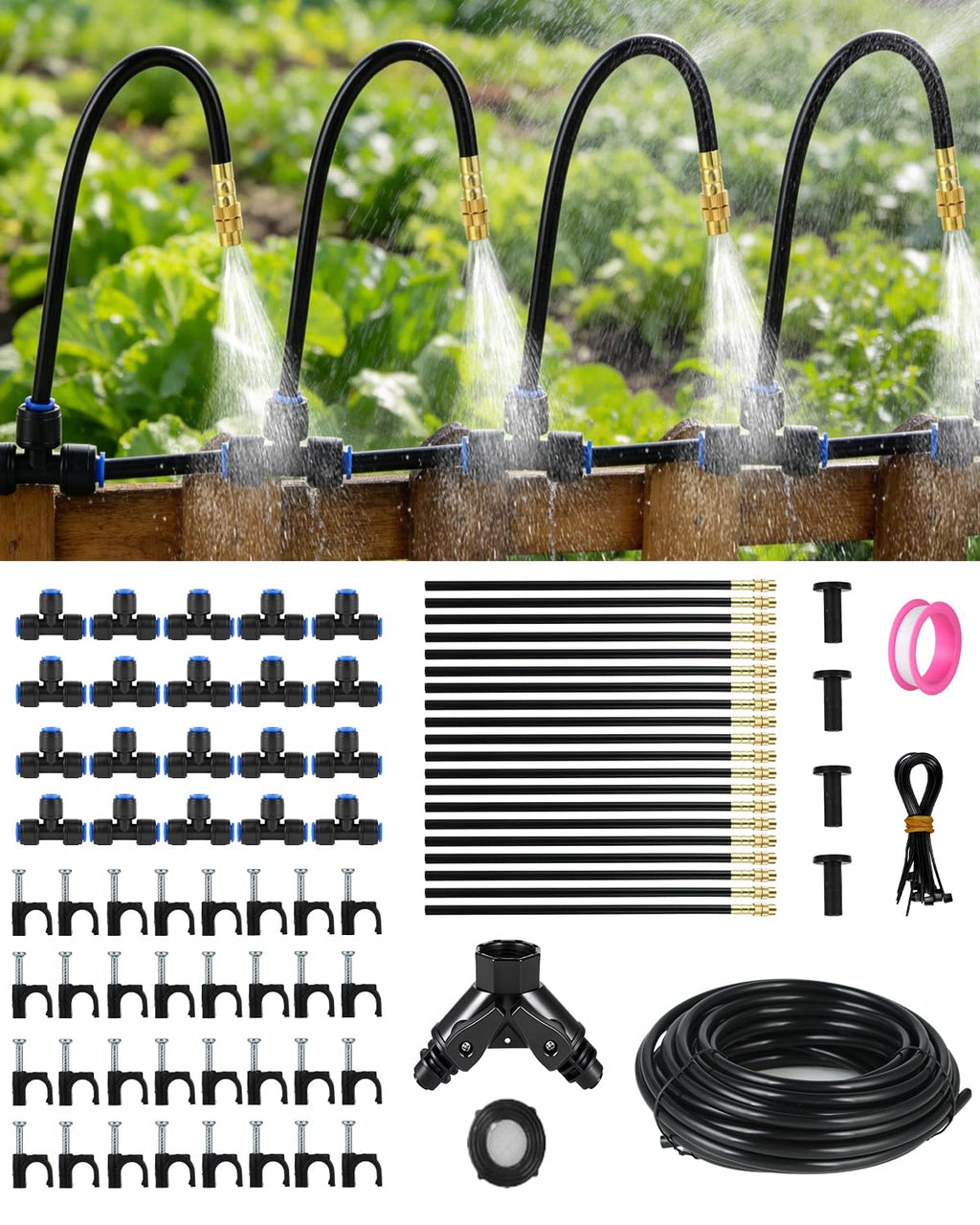 Sistema de Riego por Goteo 40 Metros para Jardin | 20 Boquillas, Tubo PE 1/4 pulg | Kit de Riego Automatico Ajustable con Nebulizadores | Macetas, Camas y Invernadero