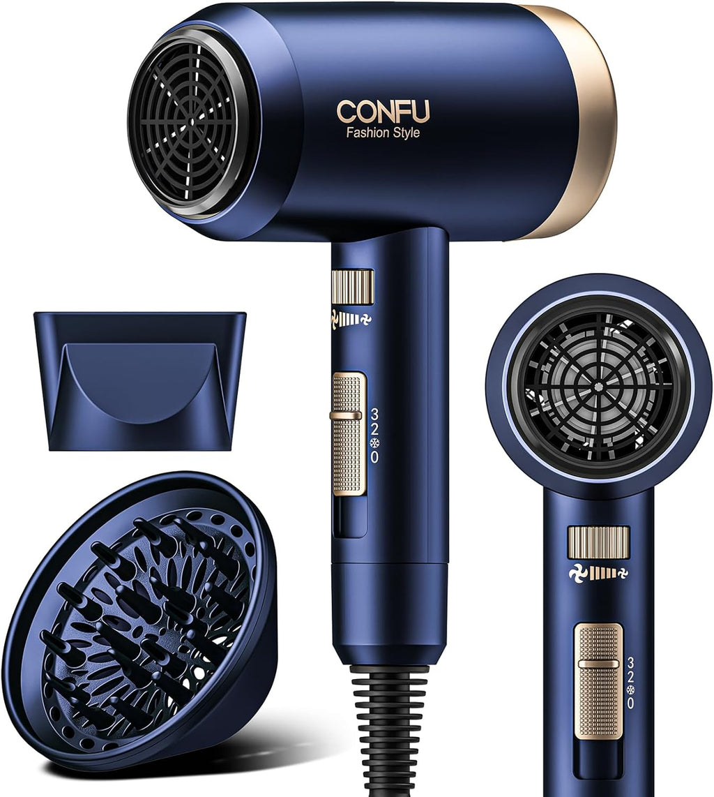 Secadora de Cabello CONFU con Difusor e Ion Negativo | Portátil, Ligera, Secado Rápido para Hombre y Mujer