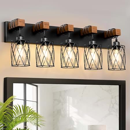 Usado - Lámpara de pared de 5 luces estilo industrial con detalles tipo madera