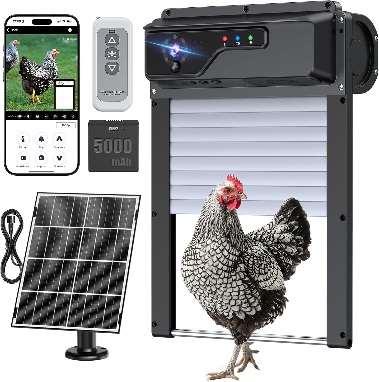 Puerta automática de gallinero con cámara, puerta inteligente de pollo con control de aplicación WiFi, visión nocturna HD 1080P, batería de 5000 mAh, seguridad antipellizcos, alertas inteligentes