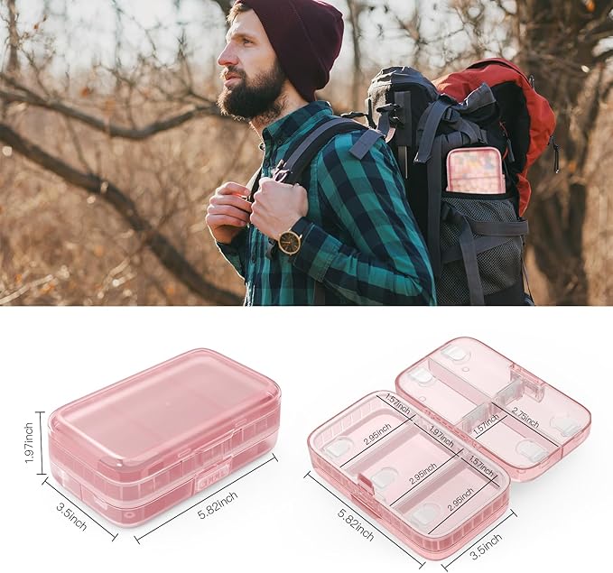 Pastillero semanal con etiquetas, 8 compartimentos, pastillero de viaje diario, hermético, a prueba de humedad, gran pastillero para contener vitaminas, aceite de pescado, suplementos, hisopos de algodón y vendajes, rosa