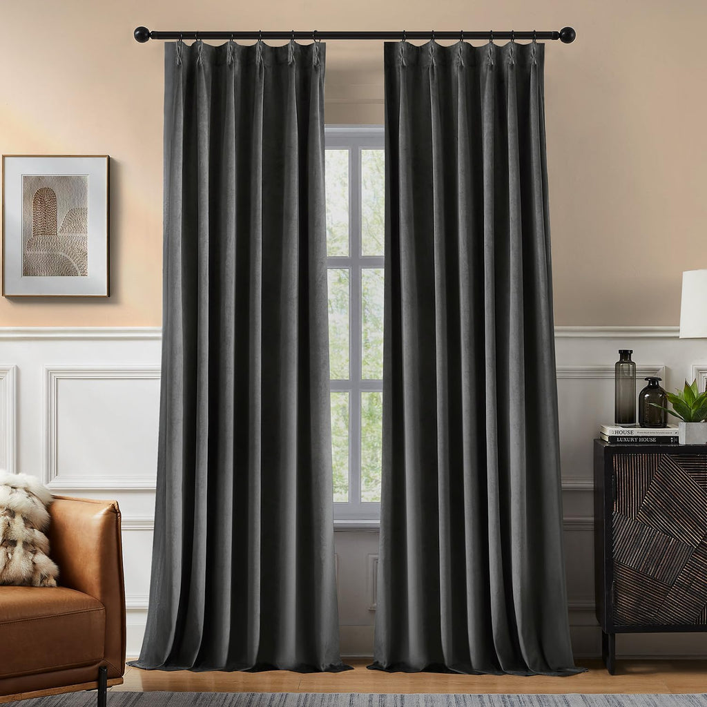 Swandream Pinch Pleated 100% Blackout Curtains for Bedroom, Grey Velvet Curtains for Living Room, Black Out Curtain 96 inch Long Room Darkening, Blackout Pinch Pleat Drapes with Hooks 2 Panels