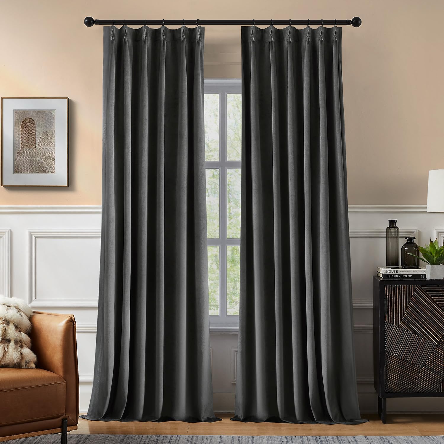 Swandream Pinch Pleated 100% Blackout Curtains for Bedroom, Grey Velvet Curtains for Living Room, Black Out Curtain 96 inch Long Room Darkening, Blackout Pinch Pleat Drapes with Hooks 2 Panels