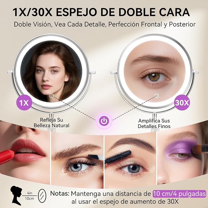 Auxmir Espejo Maquillaje con Luz, 30X/1X Aumento Espejo Telescópico Altura Ajustable 3000mAh Recargable USB, 3 Colores de Luz 60 Leds Brillo Regulable 360 Giratorio, Plata
