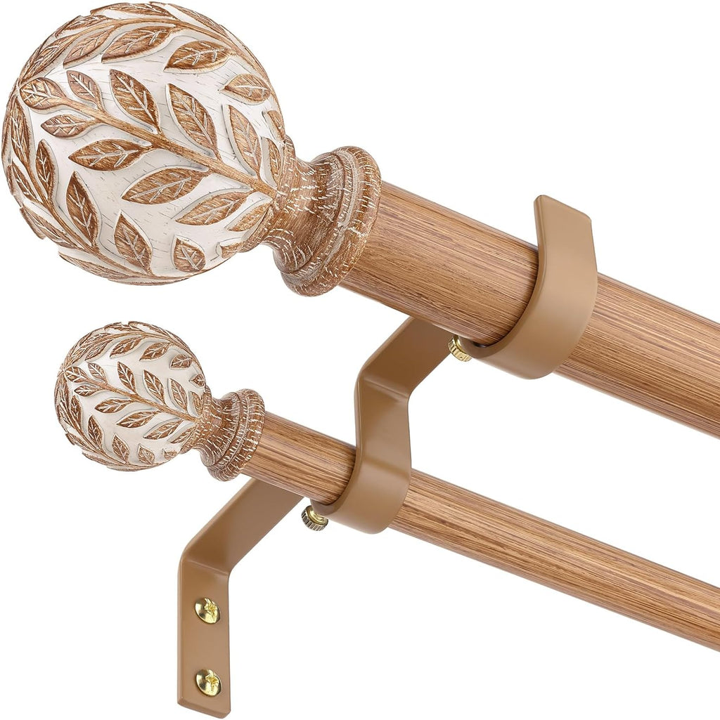 Double Curtain Rod 84 to 120 Inch, Boho Wood Long Dual Curtain Rods for Windows, 1" Adjustable Heavy Duty Rustic Spliced Drapery Rods with Decorative Handmade White Wood Grain Leaf Finials