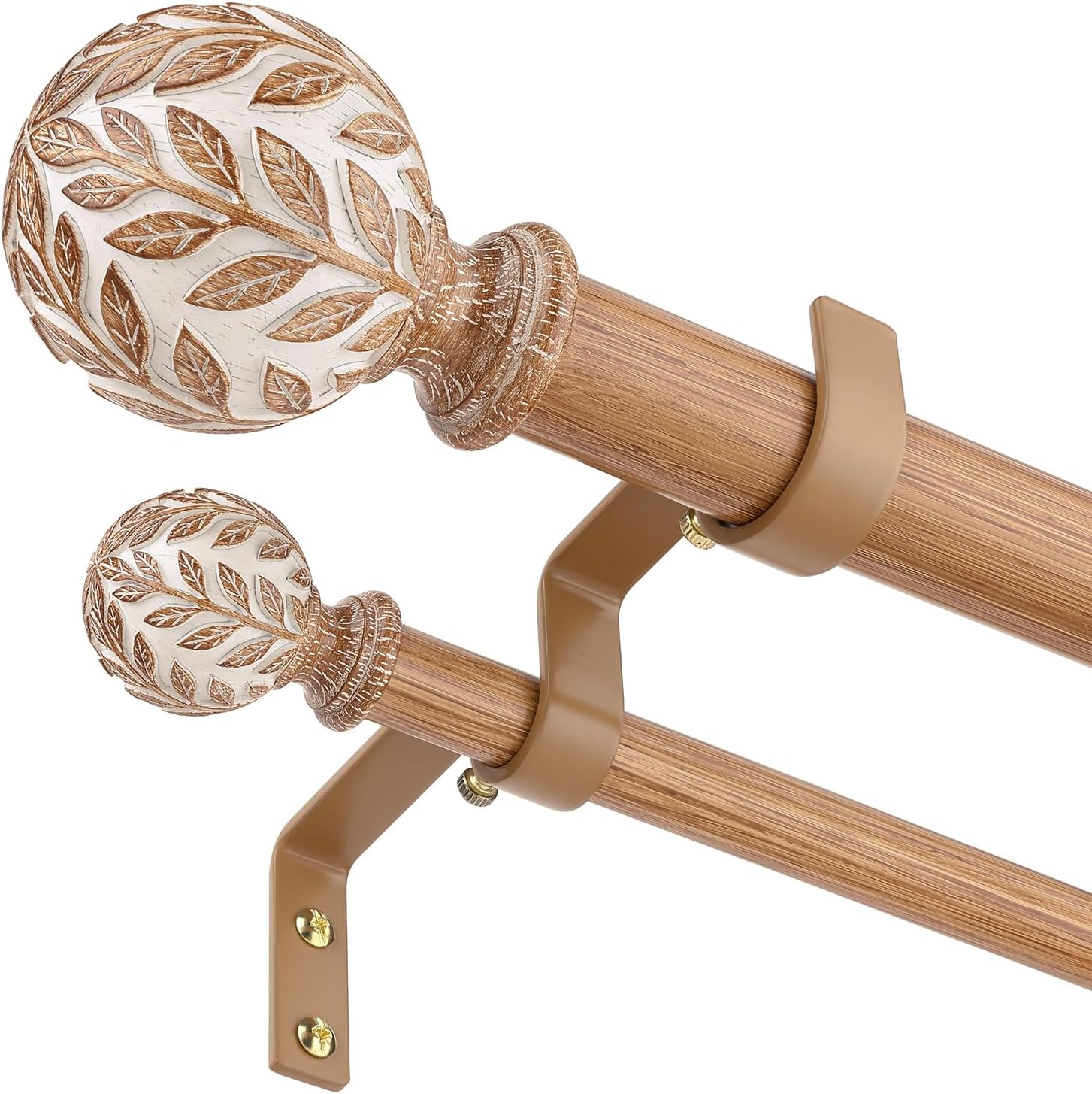 Double Curtain Rod 84 to 120 Inch, Boho Wood Long Dual Curtain Rods for Windows, 1" Adjustable Heavy Duty Rustic Spliced Drapery Rods with Decorative Handmade White Wood Grain Leaf Finials