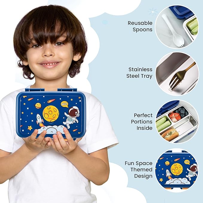 Lonchera Bento para Niños | 3 Compartimentos | Acero Inoxidable | Sin BPA | Diseño Espacial