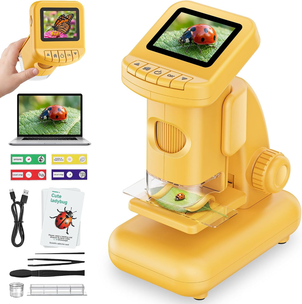 COLOR ROSADO-Microscopio 1200X para niños, microscopio digital 2 en 1 de mano y de escritorio con kit científico de 9 portaobjetos, microscopio portátil con pantalla HD y grabación de video, juguetes educativos STEM