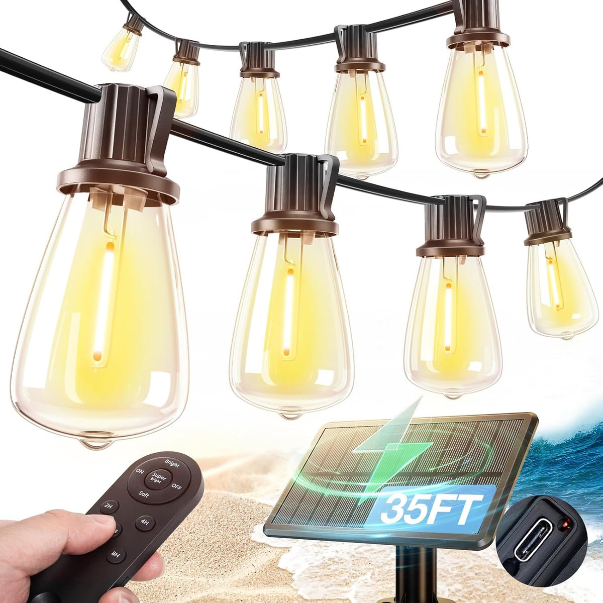 addlon Luces Cadena Solar 10.67m – IP54 Impermeables, LED Irrompibles, Control Remoto y Puerto USB