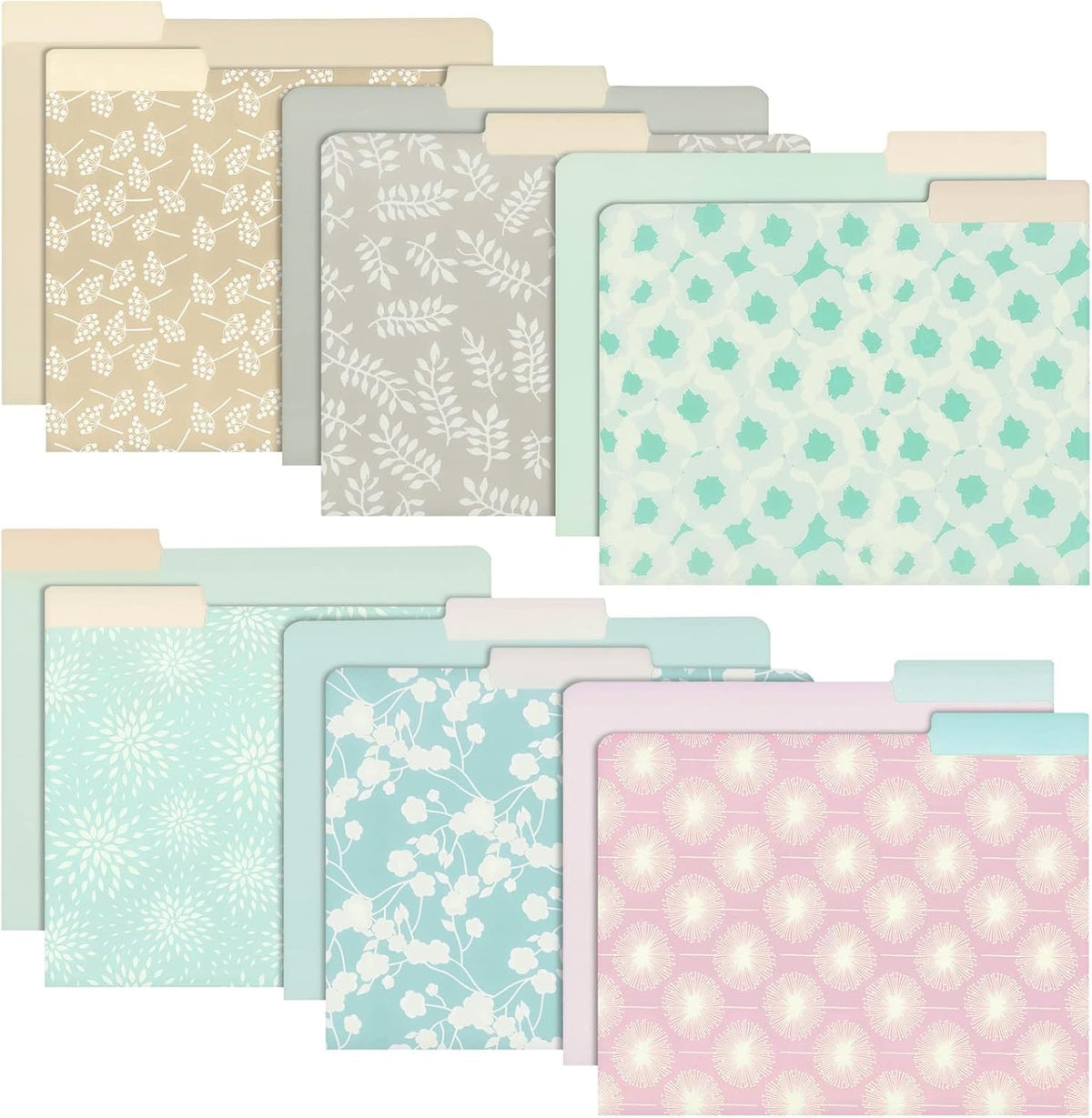 Paquete de 12 carpetas decorativas Juvale en bonitos tonos pastel - Tamaño carta (29,2 x 24,1 cm) - Surtido floral moderno y colores lisos - Pestañas con corte de 1/3 para organización de oficina y material escolar