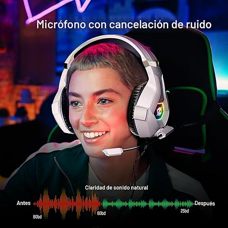 Ozeino - Audífonos para juegos para PC, PS4, PS5, auriculares Xbox con sonido envolvente 7.1, auriculares para juegos con micrófono con cancelación de ruido, luz LED, auriculares de diadema