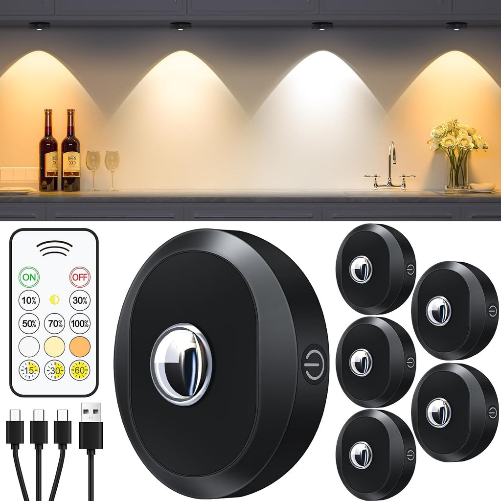 Luces LED tipo disco WILLED con control remoto, recargables para debajo de gabinetes, con batería de 1200 mAh, regulables mediante pulsador, para armarios, inalámbricas, con conexión USB (paquete de 6).