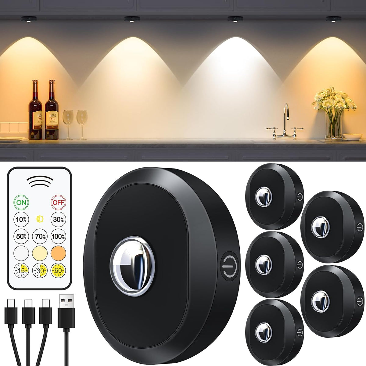 Luces LED tipo disco WILLED con control remoto, recargables para debajo de gabinetes, con batería de 1200 mAh, regulables mediante pulsador, para armarios, inalámbricas, con conexión USB (paquete de 6).