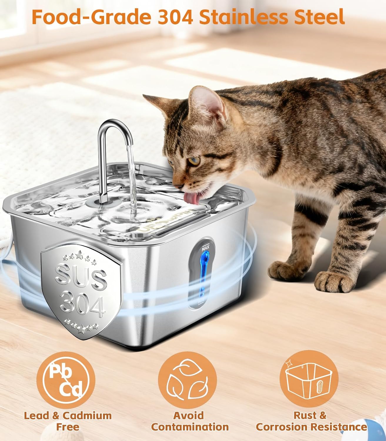 Fuente de Agua para Gatos y Mascotas en Acero Inoxidable 135oz/4L con Filtración Múltiple y Bomba Silenciosa