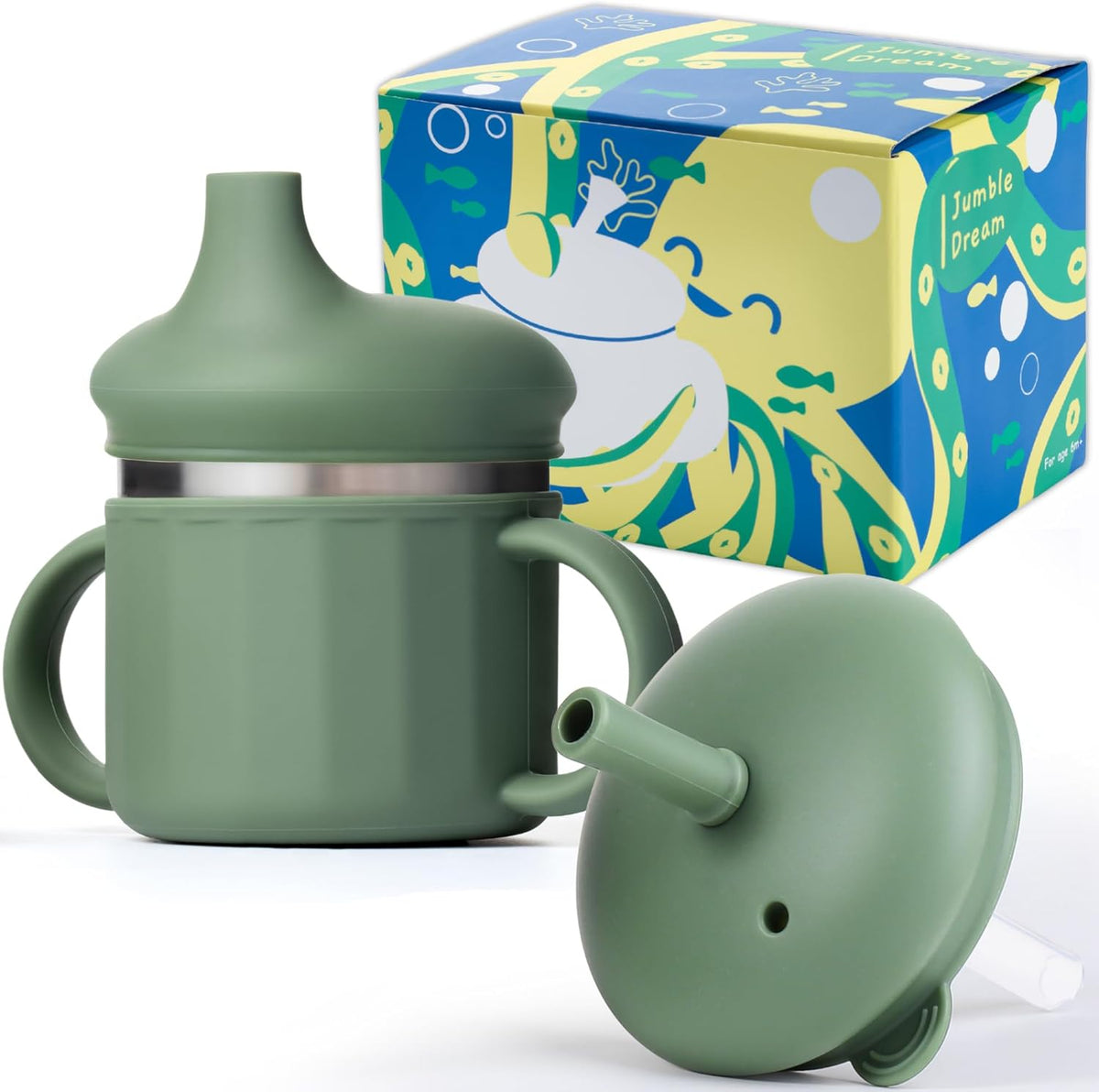 Jumble Dream Vaso Entrenador de Acero Inoxidable para Bebe | Con Pajilla de Silicona Antiderrame | Para Ninos de 1 a 3 Anos, Verde Salvia