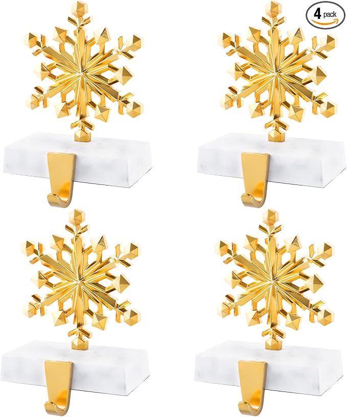 uego de 4 soportes para calcetines de Navidad con diseño de copo de nieve, soportes para calcetines de Navidad para repisa, chimenea, ganchos para medias para decoraciones navideñas