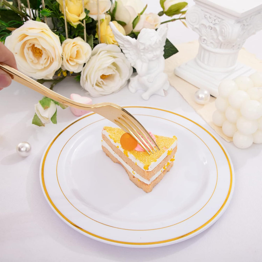 Set 204 Piezas Cubiertos y Platos Plástico Dorado | 102 Tenedores + 102 Platos Ensalada 7.5" | Fiestas y Eventos