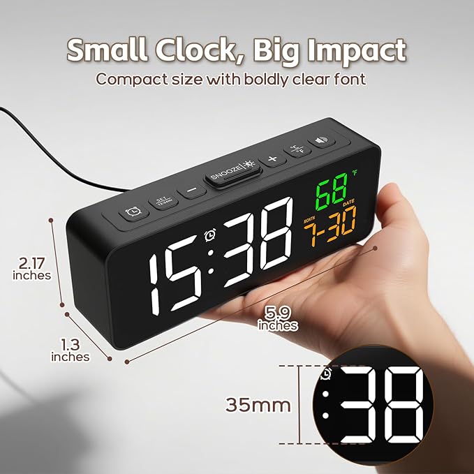 Netzu Relojes digitales 3 en 1 para sala de estar con pantalla de temperatura, fecha y hora - 4 niveles de brillo, 3 volúmenes, reloj despertador pequeño y compacto enchufable para dormitorio, oficina