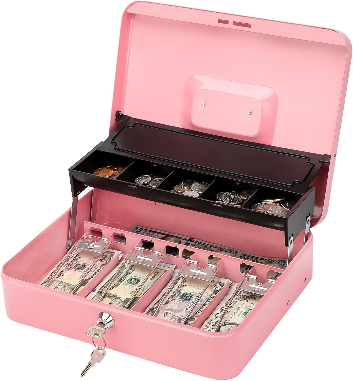 Jssmst Cash Box with Sliding Coin Lid & Lock – Portable Money Organizer, 4 Spring Clips, 11.8×9.5×3.5", Black