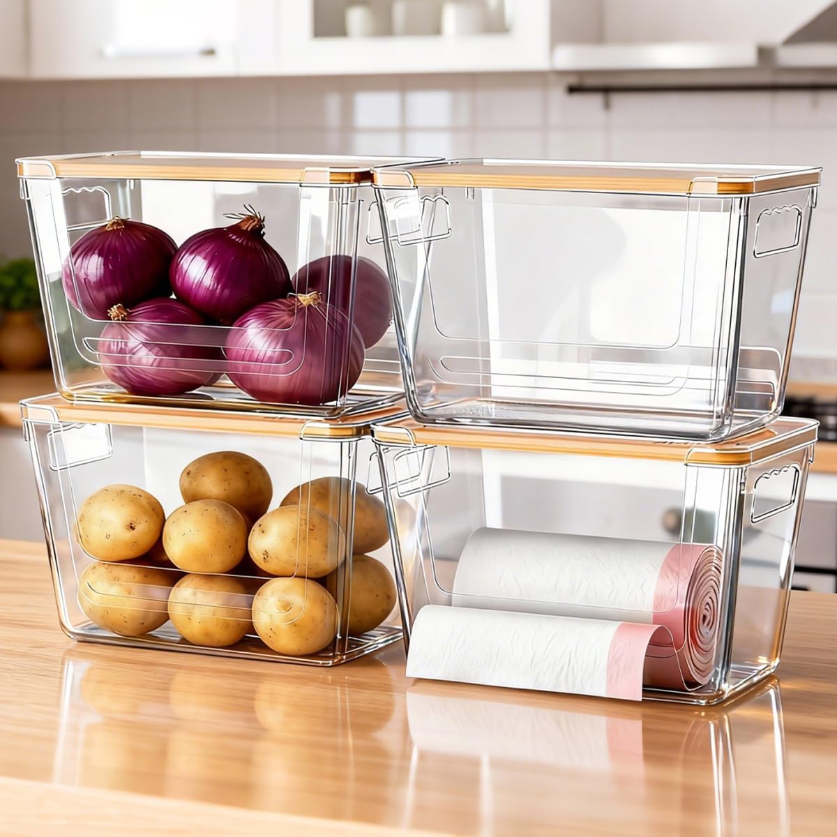 Juego de 4 contenedores transparentes ALANSON con tapa bambú, dispensador de bolsas basura, organizador de despensa para cebollas papas, organizador bajo fregadero cocina