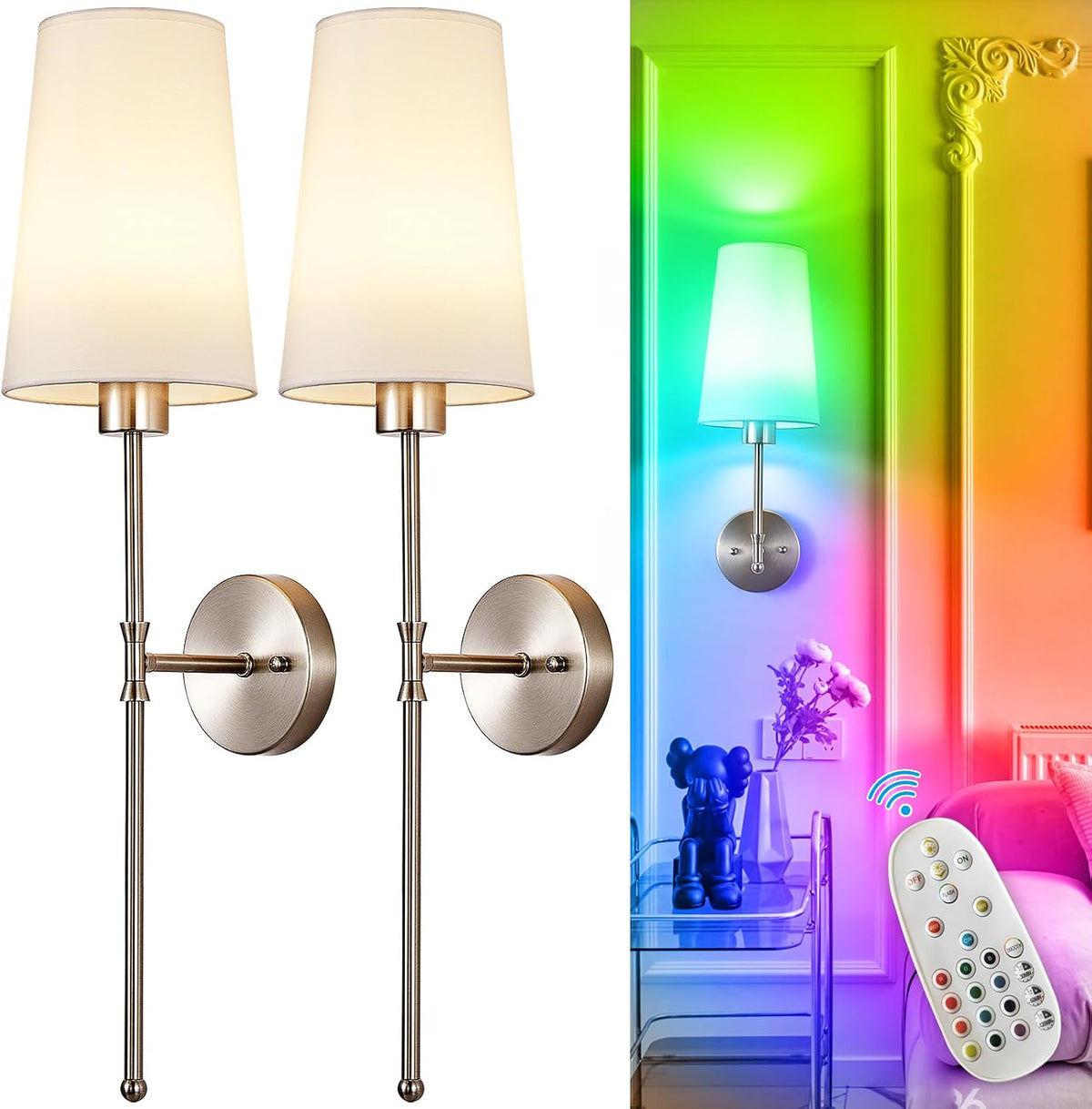 Apliques de Pared a Batería Depuley | Set de 2, 27 Pulgadas, Inalámbricos con Control Remoto | Recargables, 15 Colores | para Dormitorio y Pasillo | Níquel Cepillado