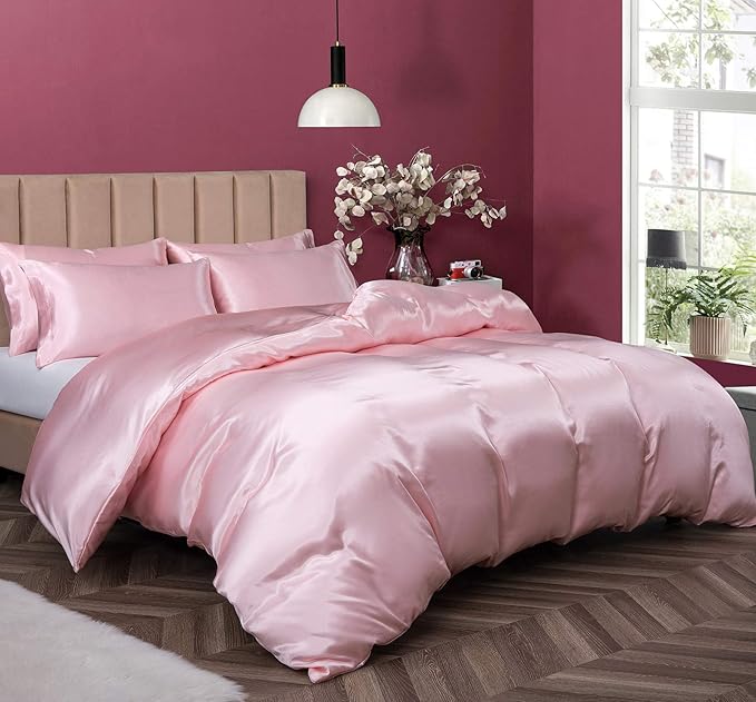 Pothuiny Juego de funda de edredón de satén de 5 piezas, tamaño King, juego de cama de lujo sedoso como rosa rubor con cierre de cremallera, 1 funda de edredón + 4 fundas de almohada (sin edredón)