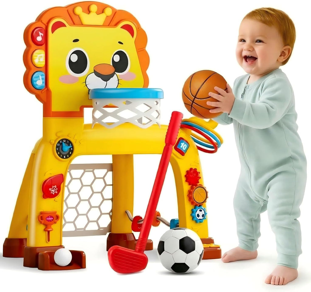 Aro de Baloncesto y Portería de Fútbol 4 en 1 para Niños Pequeños | Juguete Deportivo con Luz, Sonido y Música | Centro de Actividades 12-18 Meses | Primer Cumpleaños