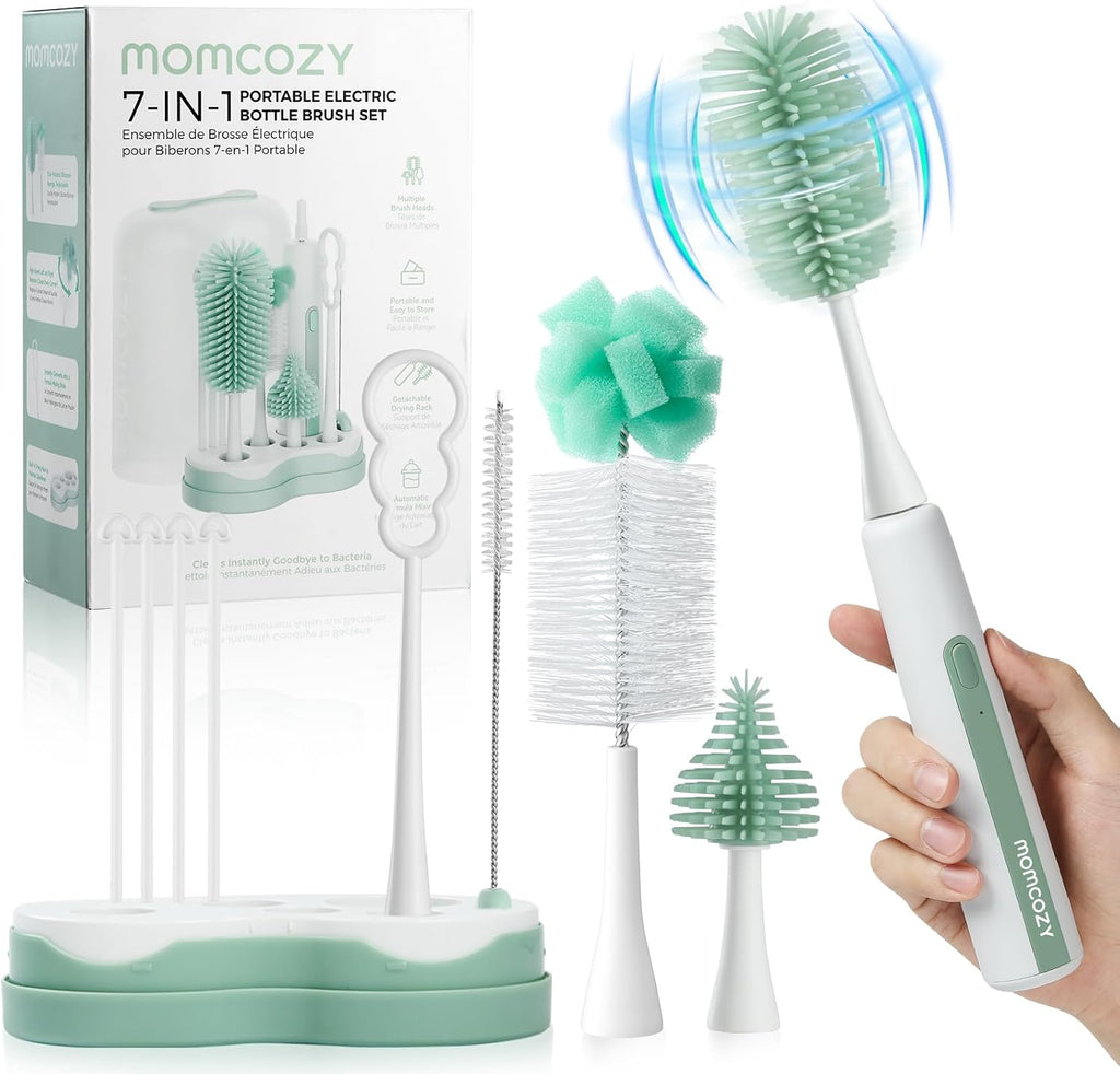 Momcozy Set Electrico de Cepillos para Biberon con Escurridor | Limpiador y Mezclador de Formula 7 en 1 Portatil para Recien Nacido