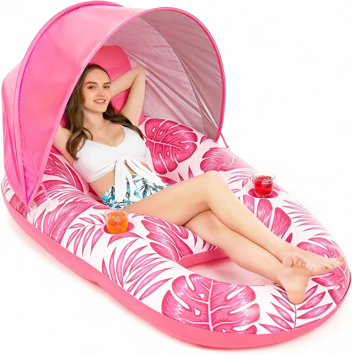 Flotador de Piscina Jasonwell con Techo | Sillon Inflable para Adulto con Portavasos | Balsa Flotante para Piscina, Lago y Playa | Rosa
