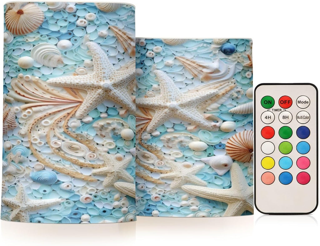 Velas LED sin llama parpadeantes BOENLE, con forma de estrella de mar y concha, con temporizador remoto, juego de 2 velas a pilas para San Valentín, bodas y cumpleaños.