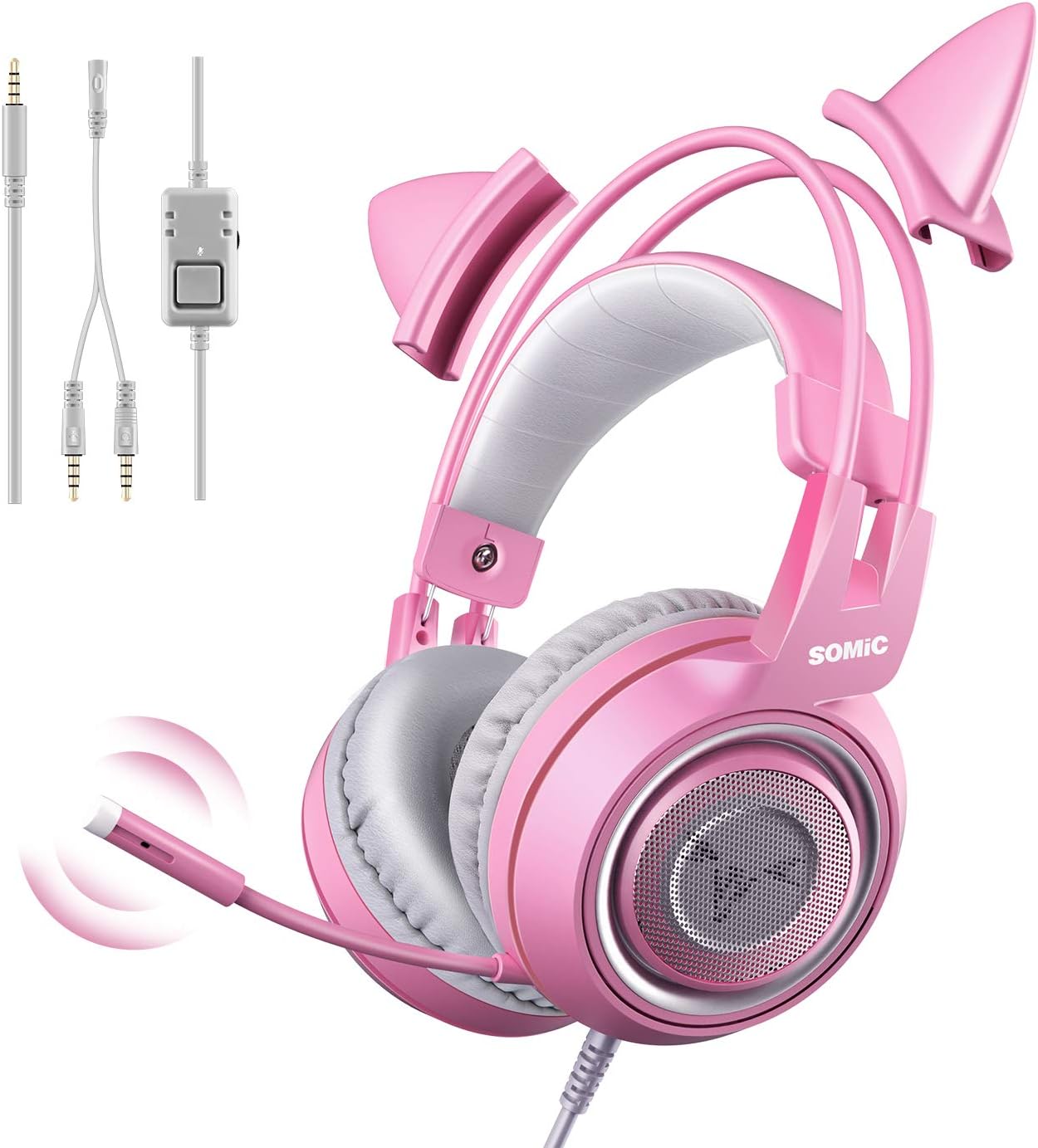 SOMIC G951s - Auriculares estéreo para juegos, color rosa, con micrófono para PS4, Xbox, PC y teléfono móvil. Auriculares ligeros con reducción de ruido de 3,5 mm y diseño de orejas de gato para mujer. 