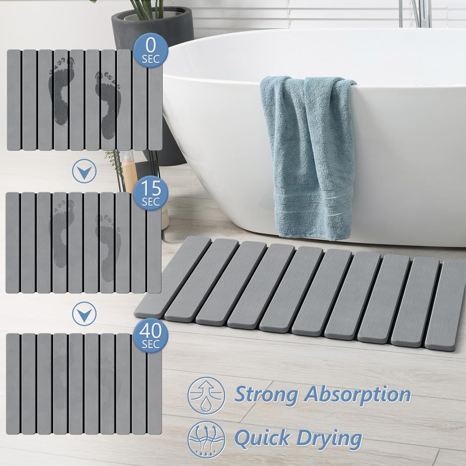 AWW Tapete de baño plegable de piedra, de secado rápido, tierra de diatomeas con tapete antideslizante, súper absorbente, fácil de limpiar, compacto para baños pequeños, 23.6 x 15.5 pulgadas, gris
